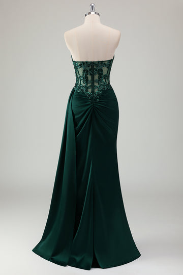 Dark Green Ruched Corset Strapless Mermaid Prom Dress with Slit